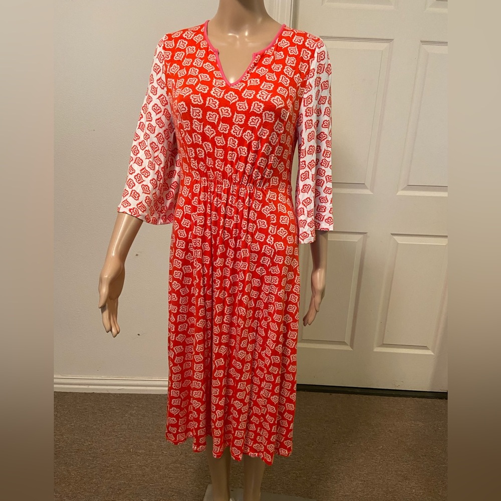 Boden Red and White Printed Midi Dress